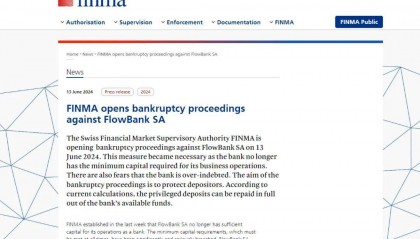 瑞士金融市场监管局关闭了提供加密货币服务的在线银行FlowBank，启动破产程序