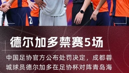 朱艺:蓉城止步足协杯半决赛,德尔加多剩余5场停赛在中超执行