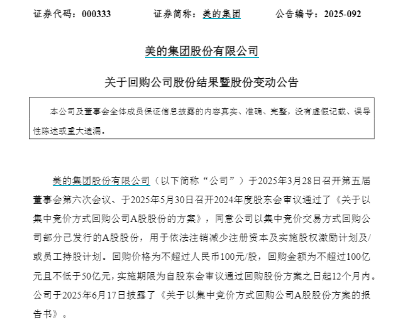 A股年内唯一!美的集团完成百亿级回购