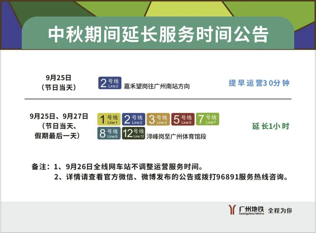 明天15时起，广州预计迎来中秋假期出城高峰；广州地铁运营时间有调整